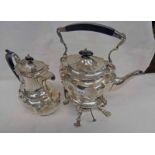 SILVER PLATED SPIRIT KETTLE ON STAND & SILVER PLATED HOT WATER JUG