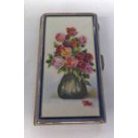 CONTINENTAL SILVER & ENAMEL CARD CASE, THE FRONT PANEL DEPICTING A VASE OF ROSES - 8.