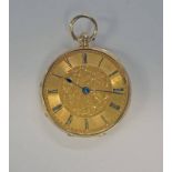 18CT GOLD OPEN FACE FOB WATCH WITH BLUE ENAMEL DECORATION TO REAR - 40G Condition