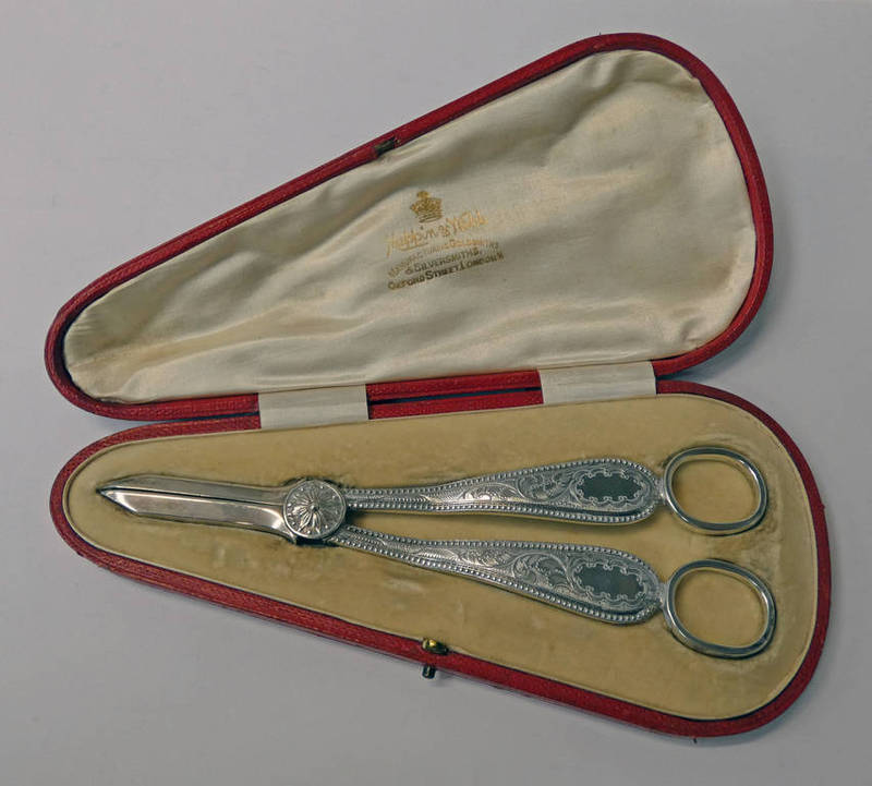 PAIR OF SILVER GRAPE SCISSORS IN A FITTED RED CASE,