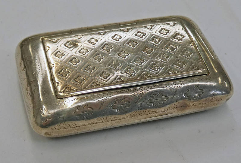 LOT WITHDRAWN - GEORGE III SILVER SNUFF BOX WITH ENGRAVED DECORATION,