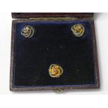 SET OF 3 DIAMOND SET YELLOW METAL STUDS WITH BLUE ENAMEL DECORATION IN FITTED CASE