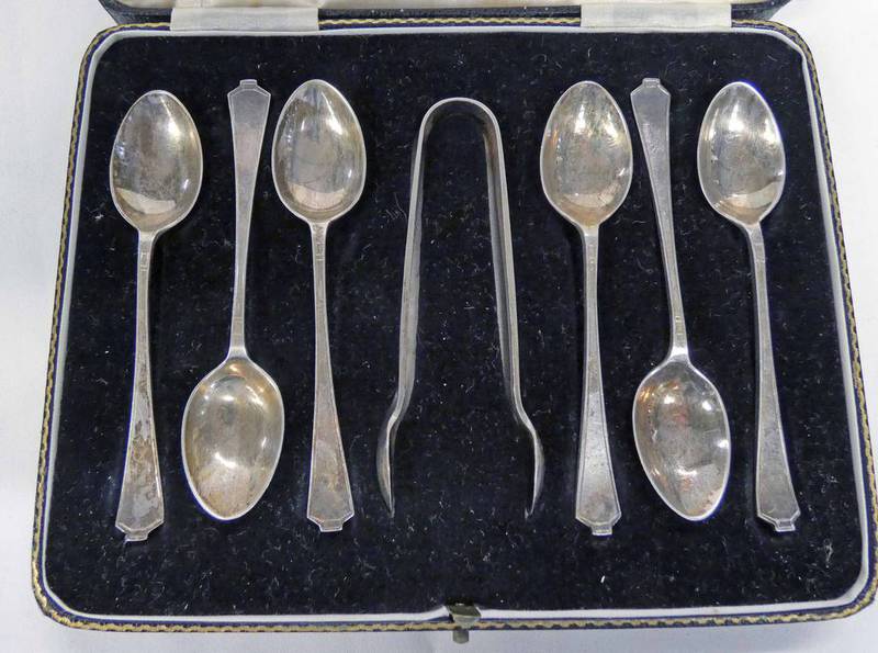 CASED SET 6 SILVER TEASPOONS & MATCHING SUGAR TONGS,