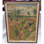OIL ON BOARD OF WW1 GERMAN MACHINE GUNNERS IN ACTION, SIGNED B HILLINGHAM,