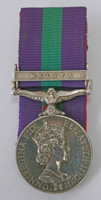 GENERAL SERVICE MEDAL WITH MALAYA CLASP NAMED TO 2/LT. P. D. THOMAS.