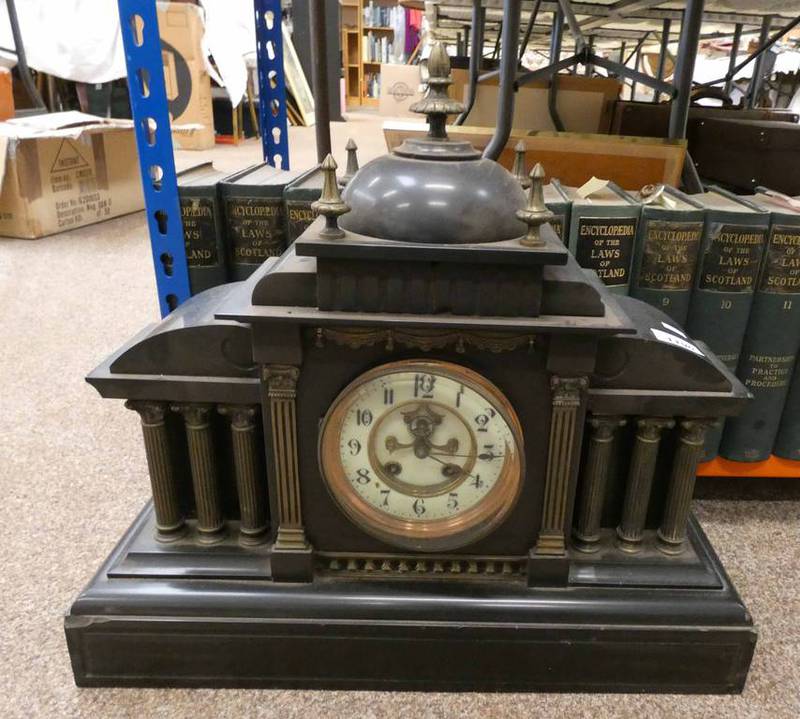 BLACK SLATE MANTLE CLOCK WITH CORINTHIAN COLUMNS,