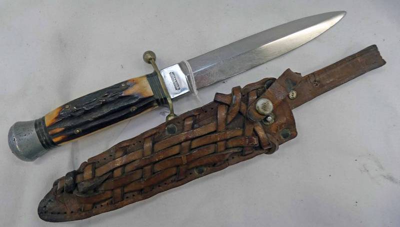 EDWARDIAN SPEAR POINTED BOWIE KNIFE MADE BY ANTON WINGEN WITH STAG HANDLE