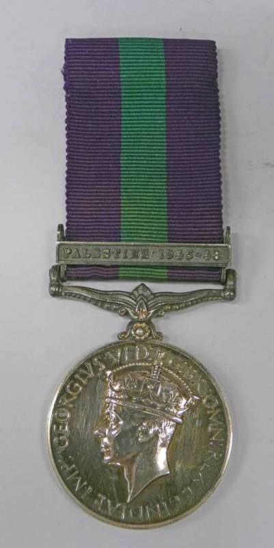 GENERAL SERVICE MEDAL WITH PALESTINE 1945-48 CLASP NAMED TO 3058646 A. C. I. E. JOHNSON. RAF.