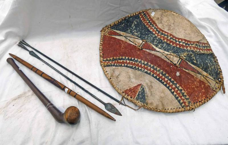 TRIBAL HIDE HAND SHIELD, HARDWOOD CLUB, SPEAR HEADS,