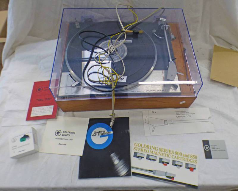 GOLDRING LENCO GL75 STEREO TRANSCRIPTION TURNTABLE WITH ACCESSORIES, INSTRUCTIONS,
