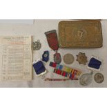 CHRISTMAS 1914 TIN, 10 YEARS SAFE CONDUCT ROAD OPERATORS SAFETY COUNCIL MEDAL, ATTENDANCE MEDAL,