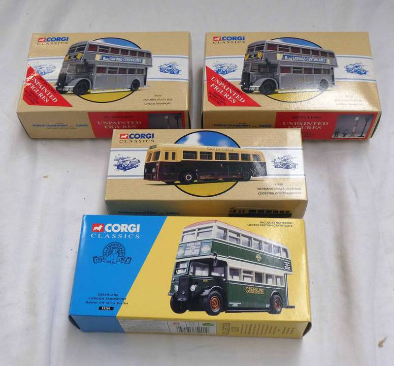 FOUR CORGI MODEL BUSES INCLUDING 35201 - GREEN LINE LONDON TRANSPORT DAIMLER CW UTILITY BUS,