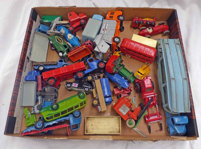 SELECTION OF PLAYWORN DINKY, MATCHBOX, CORGI MODEL VEHICLES INCLUDING 20-TON LORRY MOUNTED CRANE,