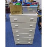 PAINTED CHEST OF 6 DRAWERS TO CONTAIN VARIOUS SEWING SUPPLIES TO INCLUDE SPOOLS OF STRING,