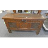 18TH CENTURY OAK COFFER WITH 3 CARVED PANEL FRONTS 56 CM TALL X 101 CM LONG Condition