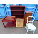 MAHOGANY GAMES TROLLEY, PAINTED DINING CHAIR, PAINTED SHELVED CABINET,