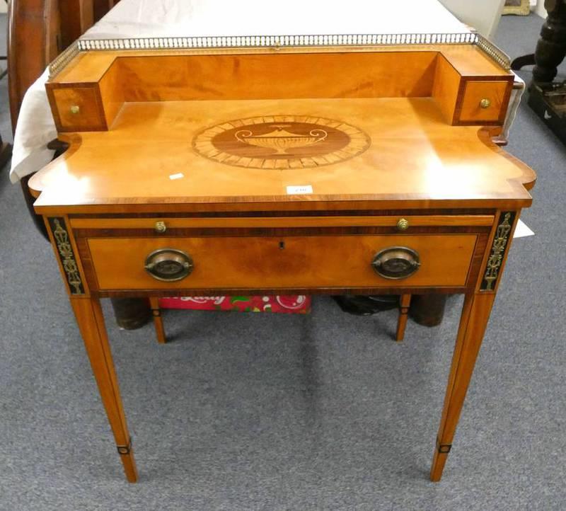 19TH CENTURY STYLE SATINWOOD LADIES DESK WITH GALLERY TOP, PULL-OUT SCREEN, 2 SMALL DRAWERS,