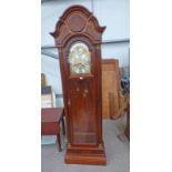 MAHOGANY CASED GRANDFATHER CLOCK WITH GILT & SILVERED MOON PHASE DIAL WITH MUSICAL CHIMES MARKED