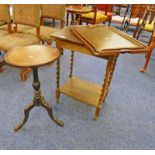 OAK LAMP TABLE ON BARLEY TWIST SUPPORTS, MAHOGANY CIRCULAR WINE TABLE,