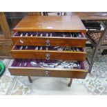 WALNUT CANTEEN OF SILVER PLATED COMMUNITY CUTLERY WITH 3 DRAWERS ON SQUARE SUPPORTS