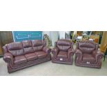 RED LEATHER OVERSTUFFED 2 SEATER SETTEE WITH MATCHING OVERSTUFFED ARMCHAIRS