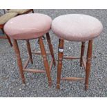 PAIR OF MAHOGANY CIRCULAR BAR STOOLS ON TURNED SUPPORTS