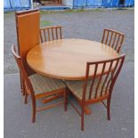 TEAK EXTENDING TABLE WITH 2 EXTRA LEAVES AND 4 TEAK CHAIRS ON TURNED SUPPORTS