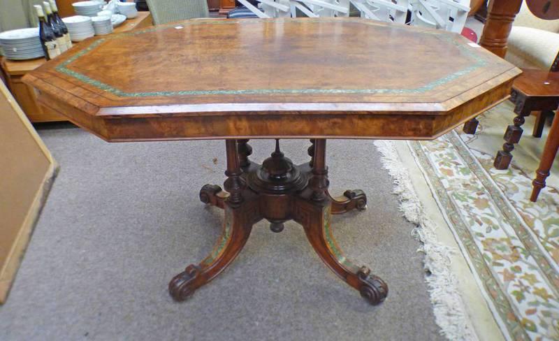 19TH CENTURY INLAID WALNUT OCTAGONAL BREAKFAST TABLE WITH CARVED & SPREADING SUPPORTS 120CM WIDE