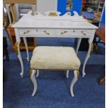 WHITE AND GILT DESK WITH 2 DRAWERS AND GALLERY TOP ON SHAPED SUPPORTS.