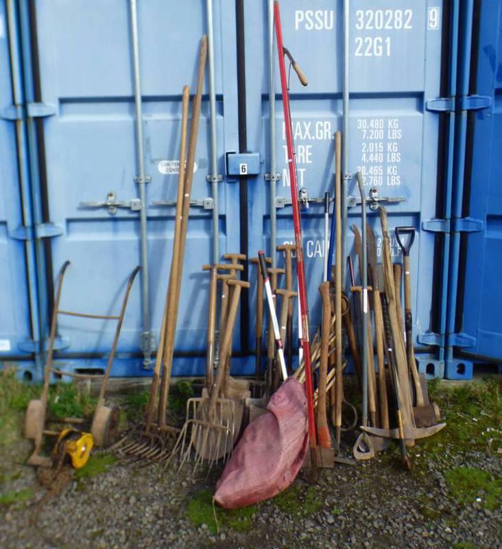 VARIOUS GARDEN TOOLS TO INCLUDE SHOVELS, RAKES, PITCH FORKS, CHIMNEY SWEEP, AXES,