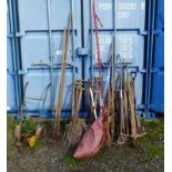 VARIOUS GARDEN TOOLS TO INCLUDE SHOVELS, RAKES, PITCH FORKS, CHIMNEY SWEEP, AXES,