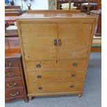 EARLY 20TH CENTURY INLAID MAHOGANY CABINET WITH 2 PANEL DOORS OVER 3 DRAWERS ON TURNED SUPPORTS,