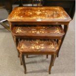 NEST OF 3 ROSEWOOD EFFECT TABLES WITH DECORATIVE INLAY ON SHAPED SUPPORTS