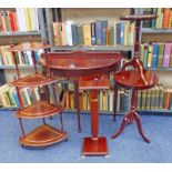 MAHOGANY HALFMOON TABLE, MAHOGANY PLANT STAND, WHAT-NOT,