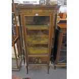 EARLY 20TH CENTURY MARBLE TOPPED VITRINE WITH GLAZED PANEL DOOR OVER PAINTED PANEL,