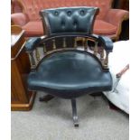 GREEN LEATHER & MAHOGANY SWIVEL OFFICE CHAIR