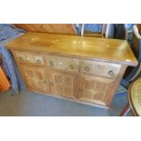 HARDWOOD SIDEBOARD WITH DECORATIVE INLAY AND 3 DRAWERS OVER 3 PANEL DOORS ON BALL FEET,