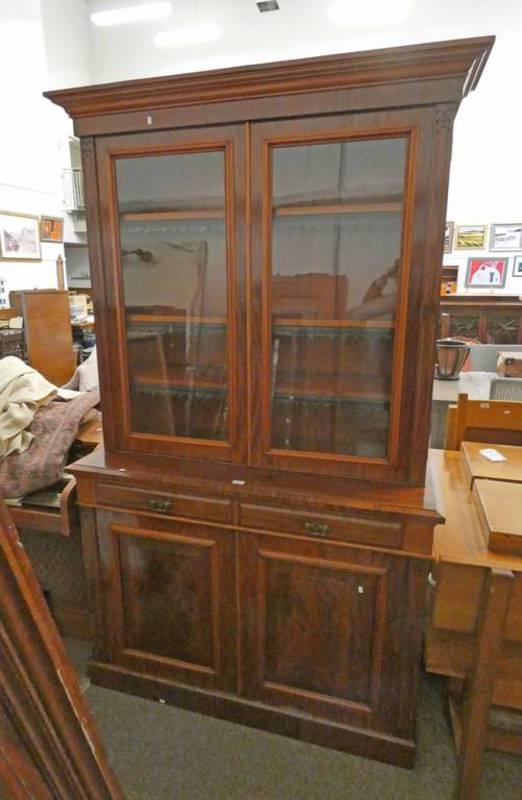 19TH CENTURY MAHOGANY BOOKCASE WITH 2 GLAZED DOORS OVER 2 DRAWERS OVER 2 PANEL DOORS ON PLINTH BASE