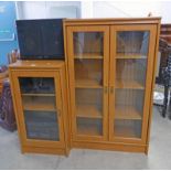 TEAK BOOKCASE WITH 2 GLASS PANEL DOORS, AND TEAK EFFECT MEDIA WITH GLASS PANEL DOORS,