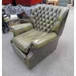 GREEN LEATHER BUTTON BACK ARMCHAIR 87 CM