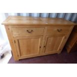 OAK SIDEBOARD WITH 2 DRAWERS OVER 2 PANEL DOORS ON SQUARE SUPPORTS,
