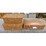 2 WICKER PICNIC BOXES AND SUITCASE