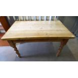 PINE KITCHEN TABLE ON TURNED SUPPORTS,