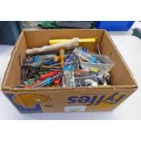 BOX OF VARIOUS TOOLS TO INCLUDE COPING SAW & VARIOUS SAW BLADES, SCREW DRIVERS, PLIERS,