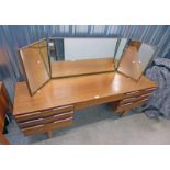 TEAK DRESSING TABLE WITH MIRROR OVER 4 DRAWERS ON TAPERED SUPPORTS,