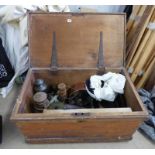 PINE BOX OF TILLY LAMPS, CAST IRON POTS,