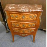 MARBLE TOPPED KINGWOOD 3 DRAWER CHEST WITH SHAPED FRONT & DECORATIVE BOXWOOD INLAY ON SHAPED