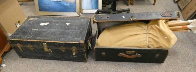 BOUND METAL TRUNK AND ONE OTHER TRUNK TO CONTAIN TENT POLES ETC