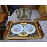 MAHOGANY FRAMED TRAY WITH BUTTERFLY WING MURAL AND BRASS MUSIC STAND