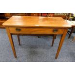 19TH CENTURY INLAID MAHOGANY SIDE TABLE WITH DROP LEAF AND SINGLE DRAWER ON SQUARE SUPPORTS.
